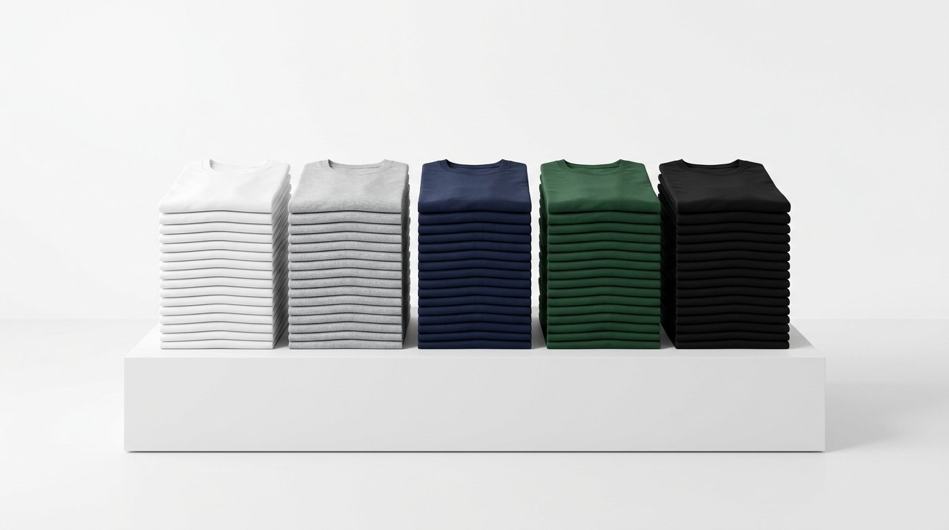 Neatly stacked bulk wholesale t-shirts arranged in gradient colors on gallery pedestal