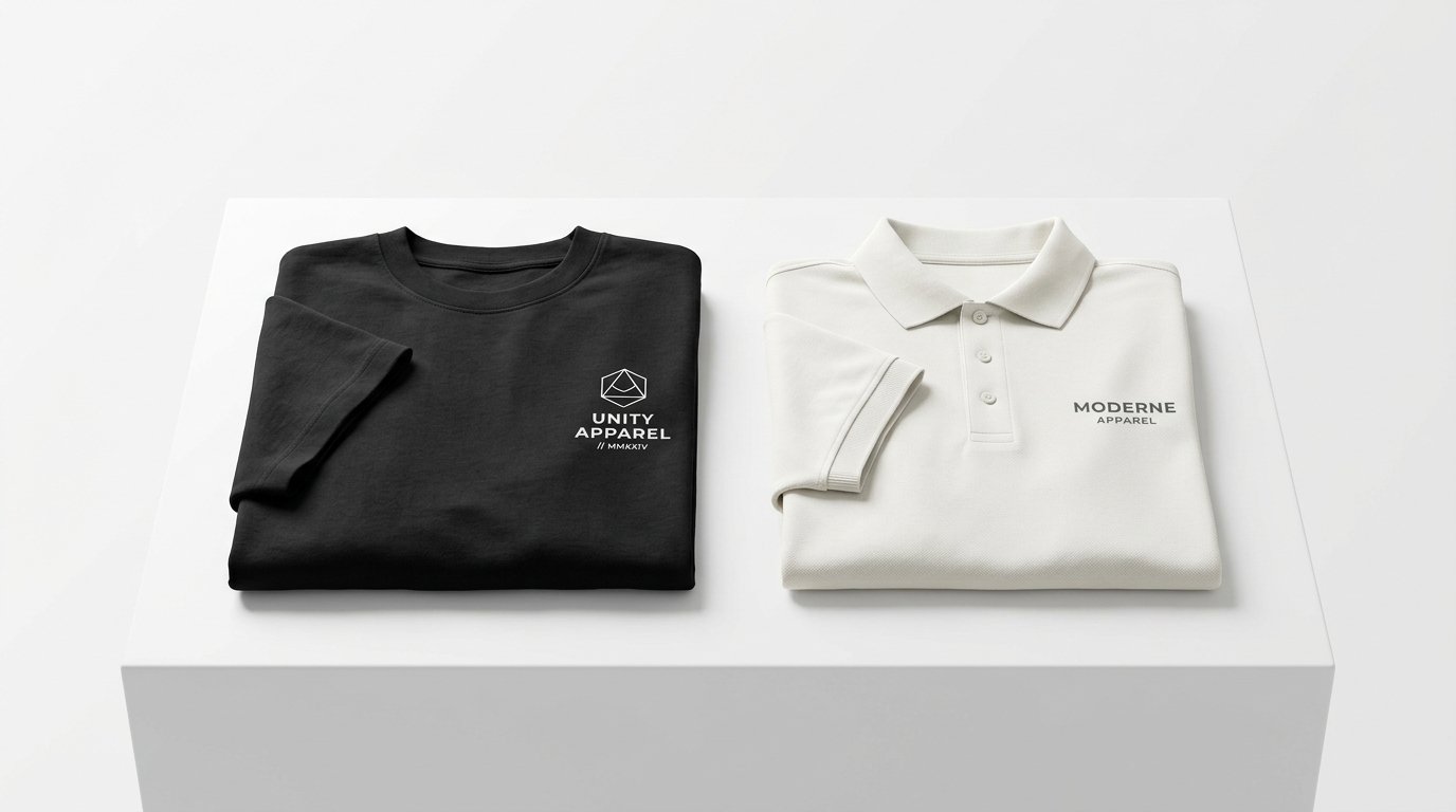 Apple-style luxury custom t-shirt printing and polo shirt render on white gallery pedestal