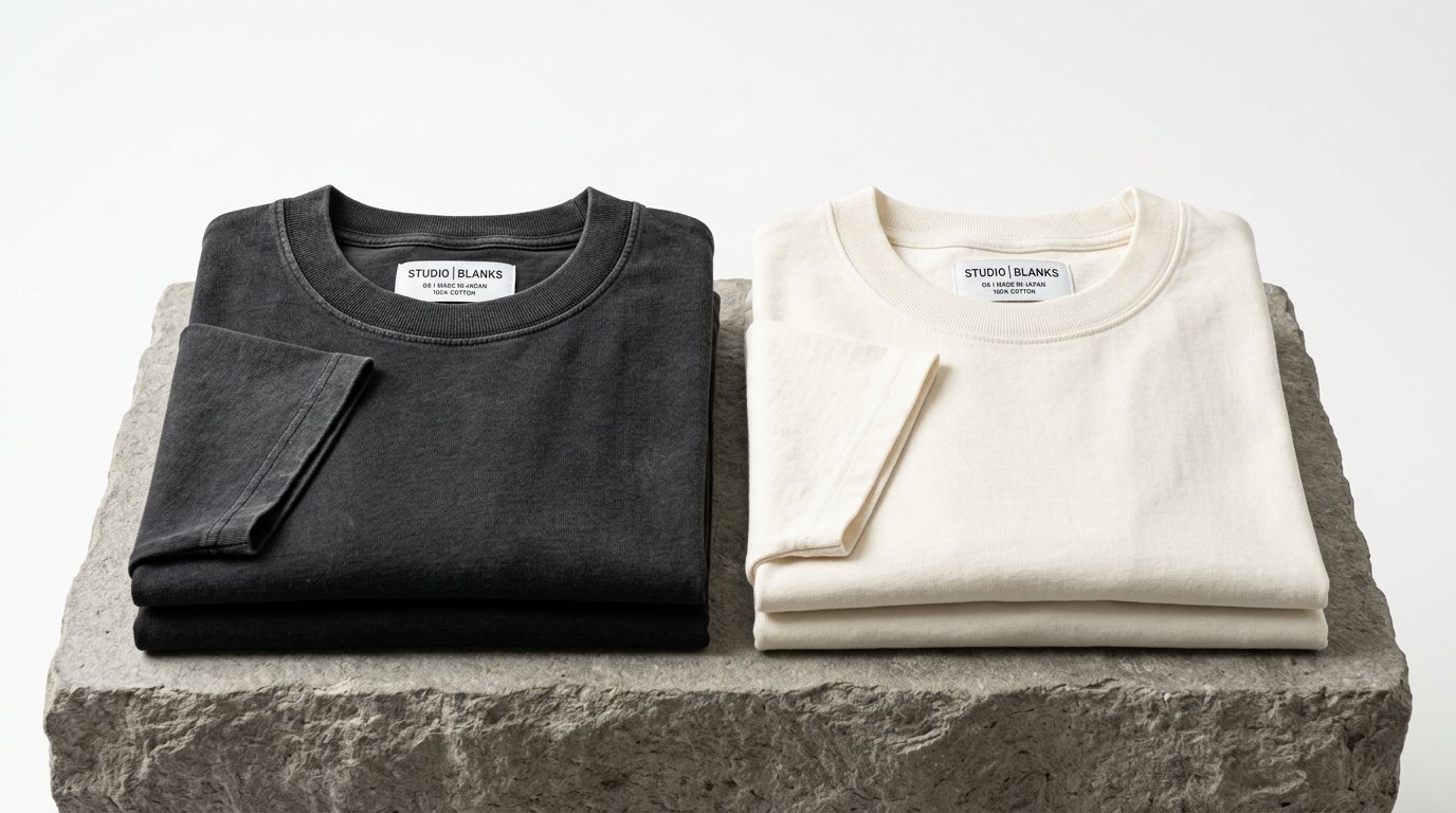 Luxury folded custom t-shirt blanks with custom woven brand collar labels