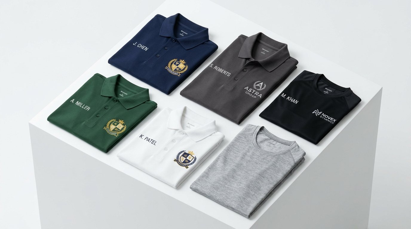 Personalised executive polo shirts with embroidered name monograms and luxury crests