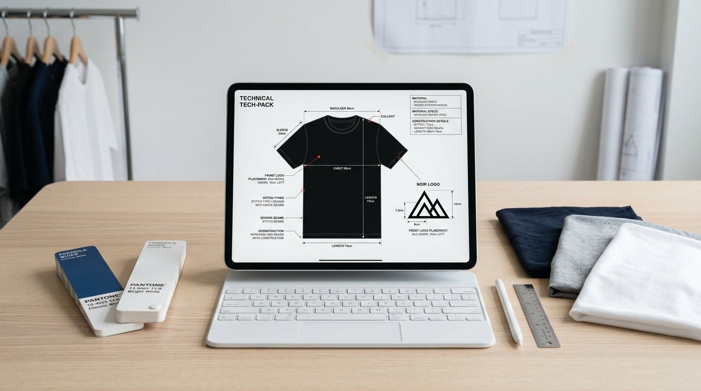 Apparel design workstation showing digital t-shirt tech-pack blueprint and Pantone swatches
